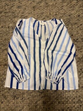 Brand Velvet Striped V-Neck Button Front Blouse in Navy & Light Blue